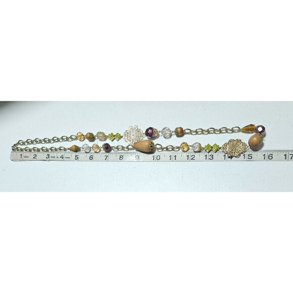 Handcrafted Beaded Gold Tone Chain Necklace Mixed Beads Decorative Charms Women - Picture 6 of 7